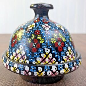 Hand Painted Moroccan Terracotta Clay Pottery Tagine Dish 4" Signed Trinket